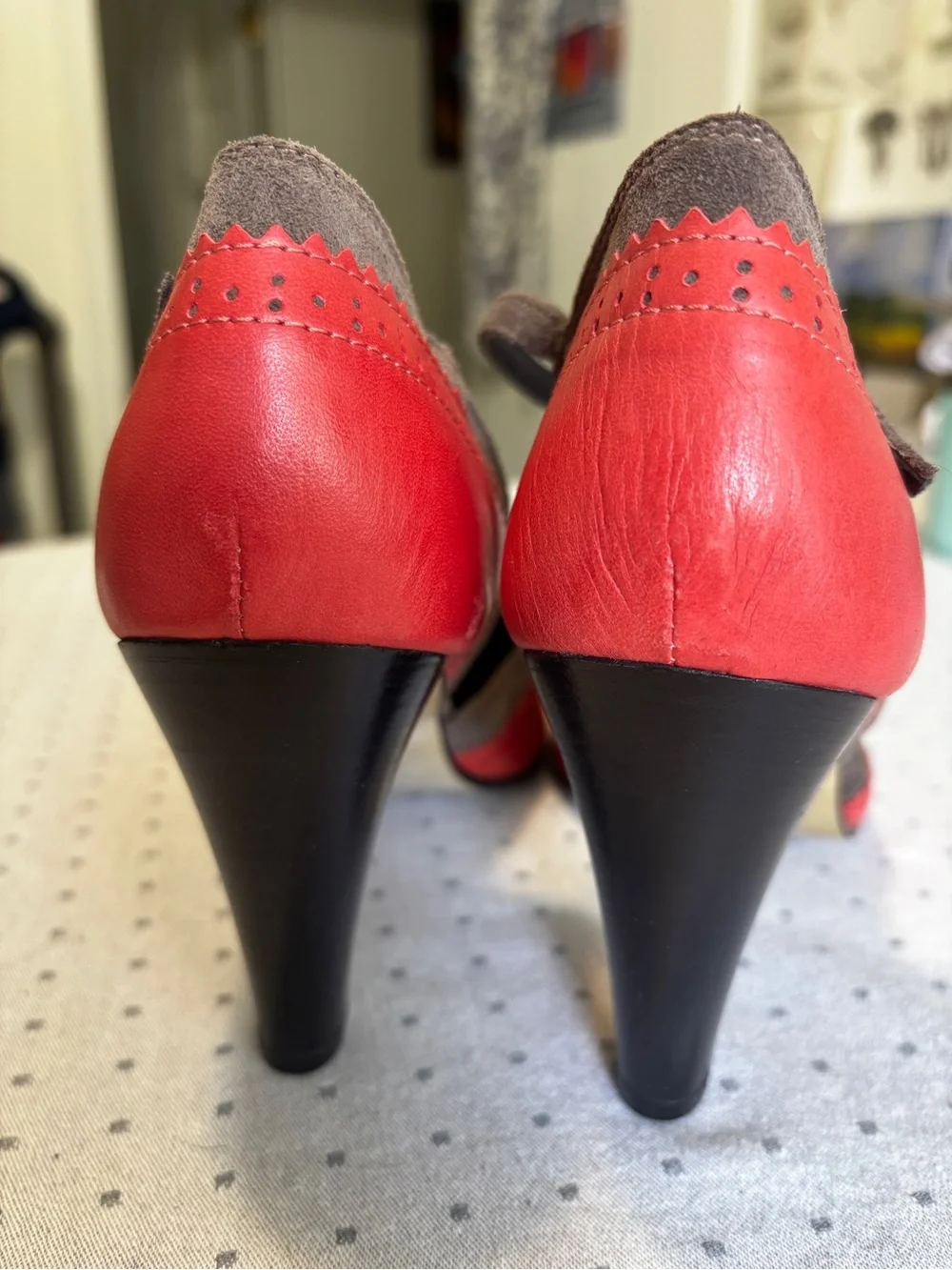 NWOT! Sundance Two-Tone T-Strap Heels in Coral Red and Brown NEW Mary Jane’s